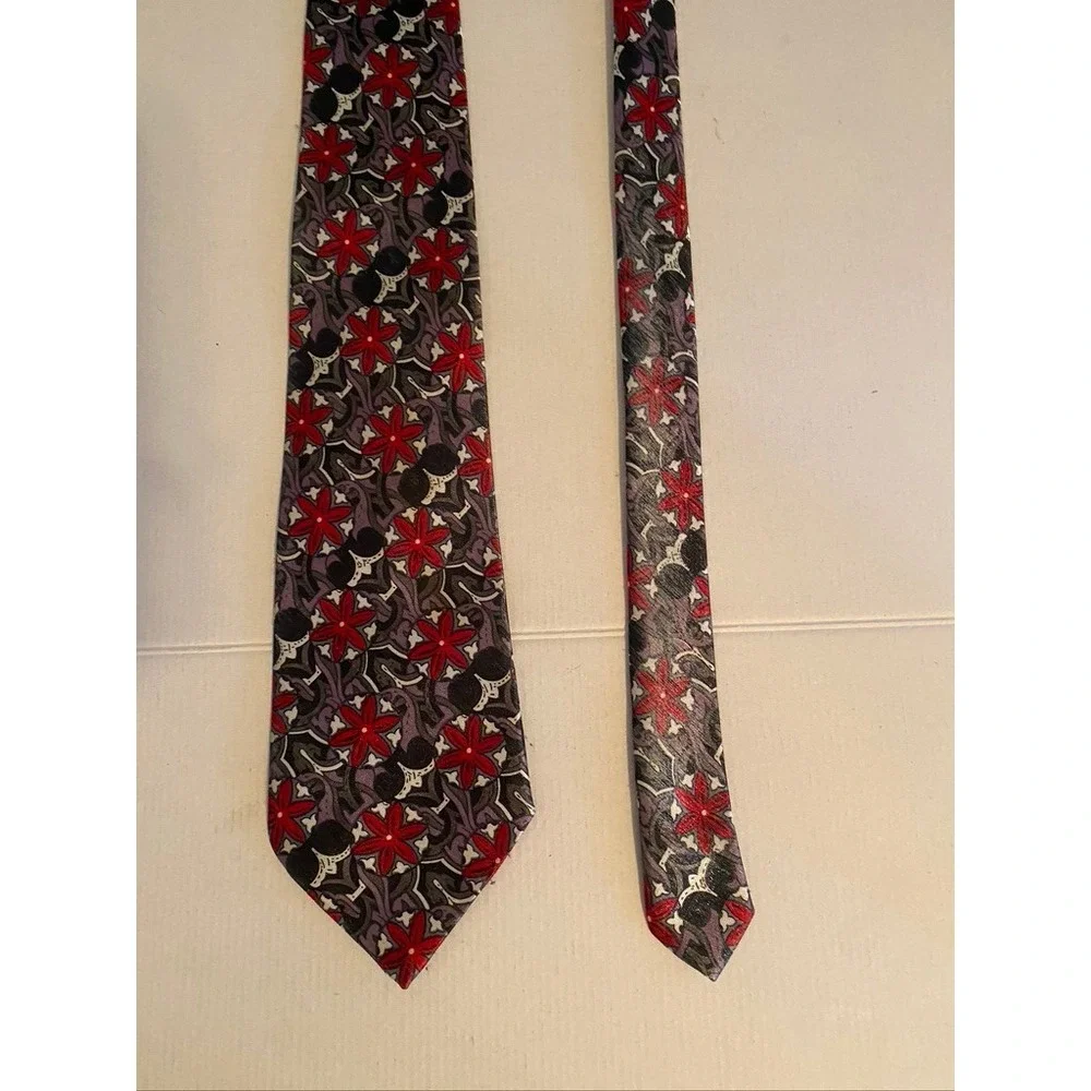 Gold City Handmade Silk Tie Red Grey Floral Geometric Abstract Pattern Necktie